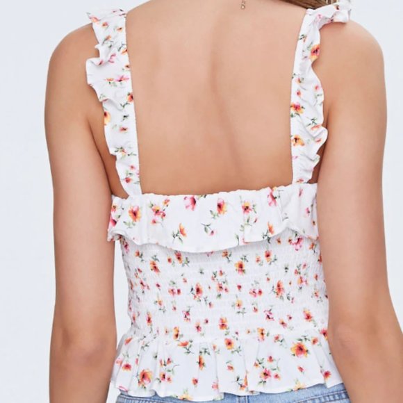 | f21• sunshine white floral smocked flounce top • small | - Picture 3 of 5